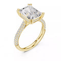 3 carat radiant cut hidden halo engagement ring in yellow gold, 3/4 view