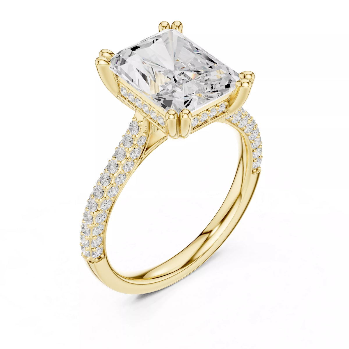3 carat radiant cut hidden halo engagement ring in yellow gold, 3/4 view