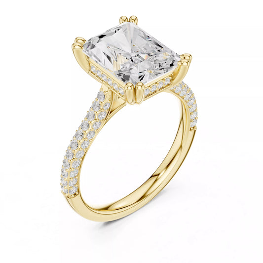 3 carat radiant cut hidden halo engagement ring in yellow gold, 3/4 view