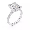 3 carat radiant cut hidden halo engagement ring in white gold, 3/4 view