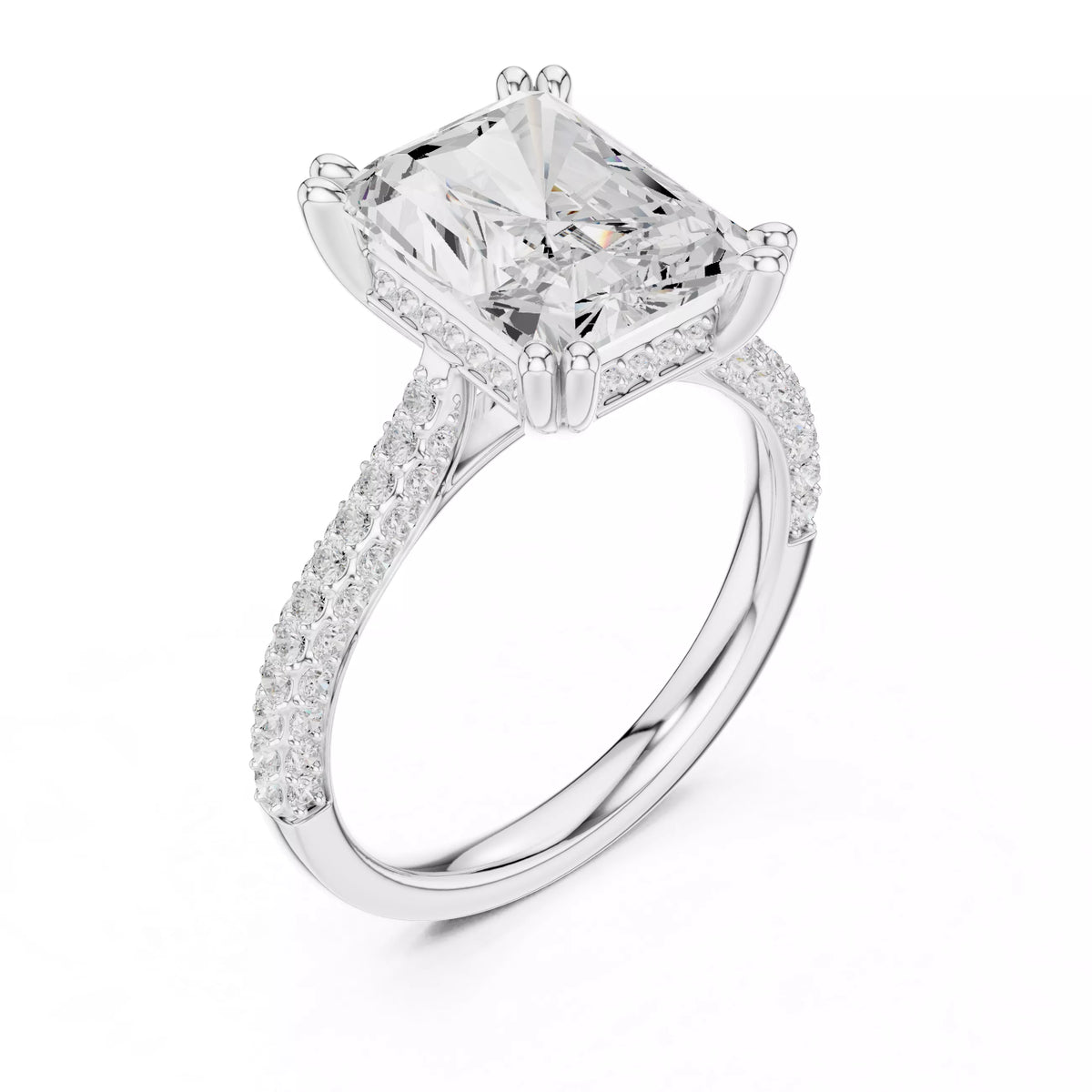 3 carat radiant cut hidden halo engagement ring in white gold, 3/4 view