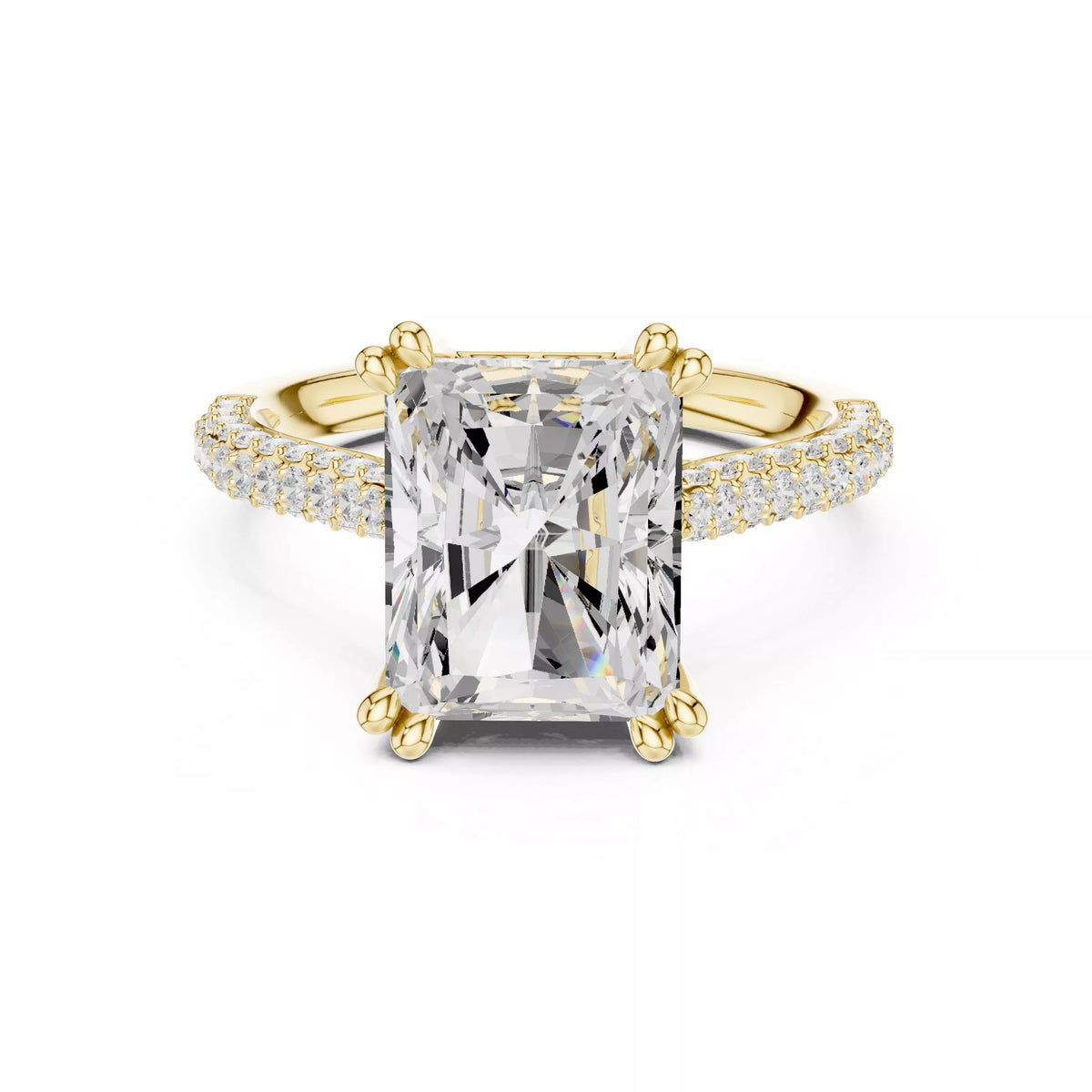 3 carat radiant cut hidden halo engagement ring in yellow gold, front view