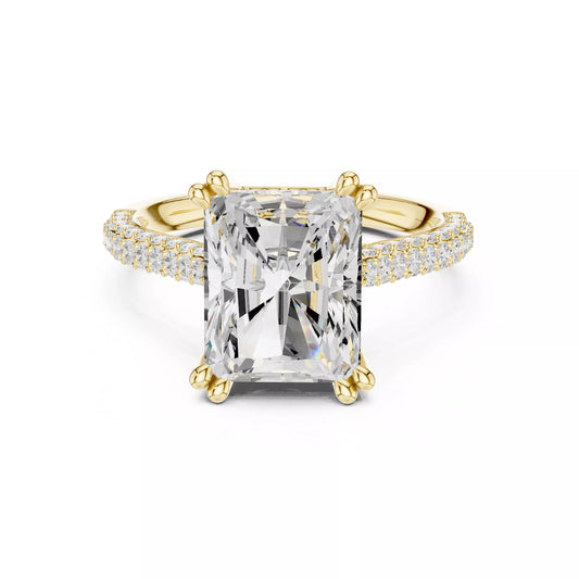 3 carat radiant cut hidden halo engagement ring in yellow gold, front view