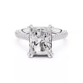 3 carat radiant cut hidden halo engagement ring in white gold, front view