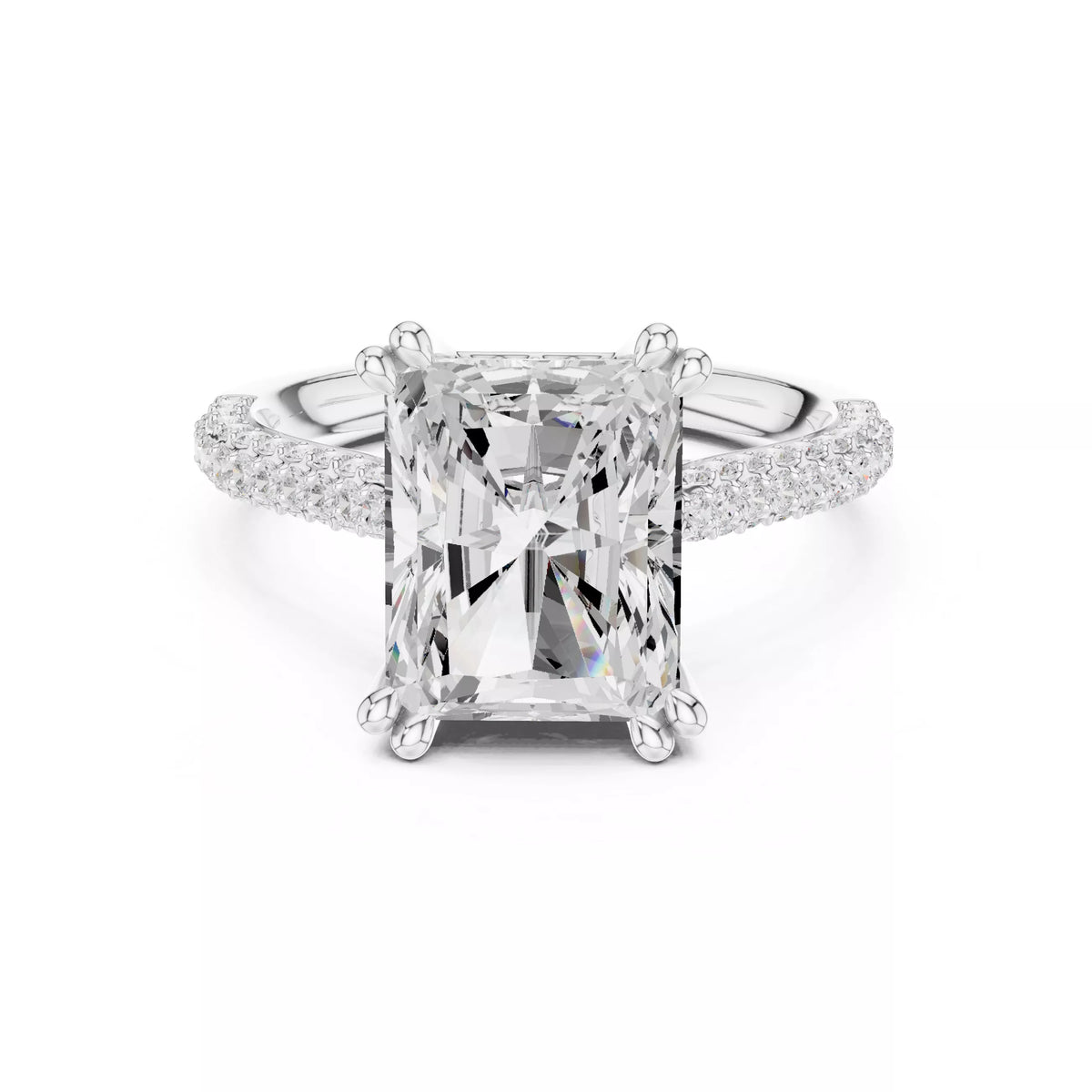 3 carat radiant cut hidden halo engagement ring in white gold, front view