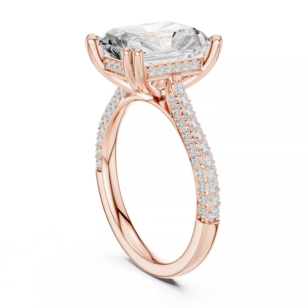 3 carat radiant cut hidden halo engagement ring in rose gold, angled view