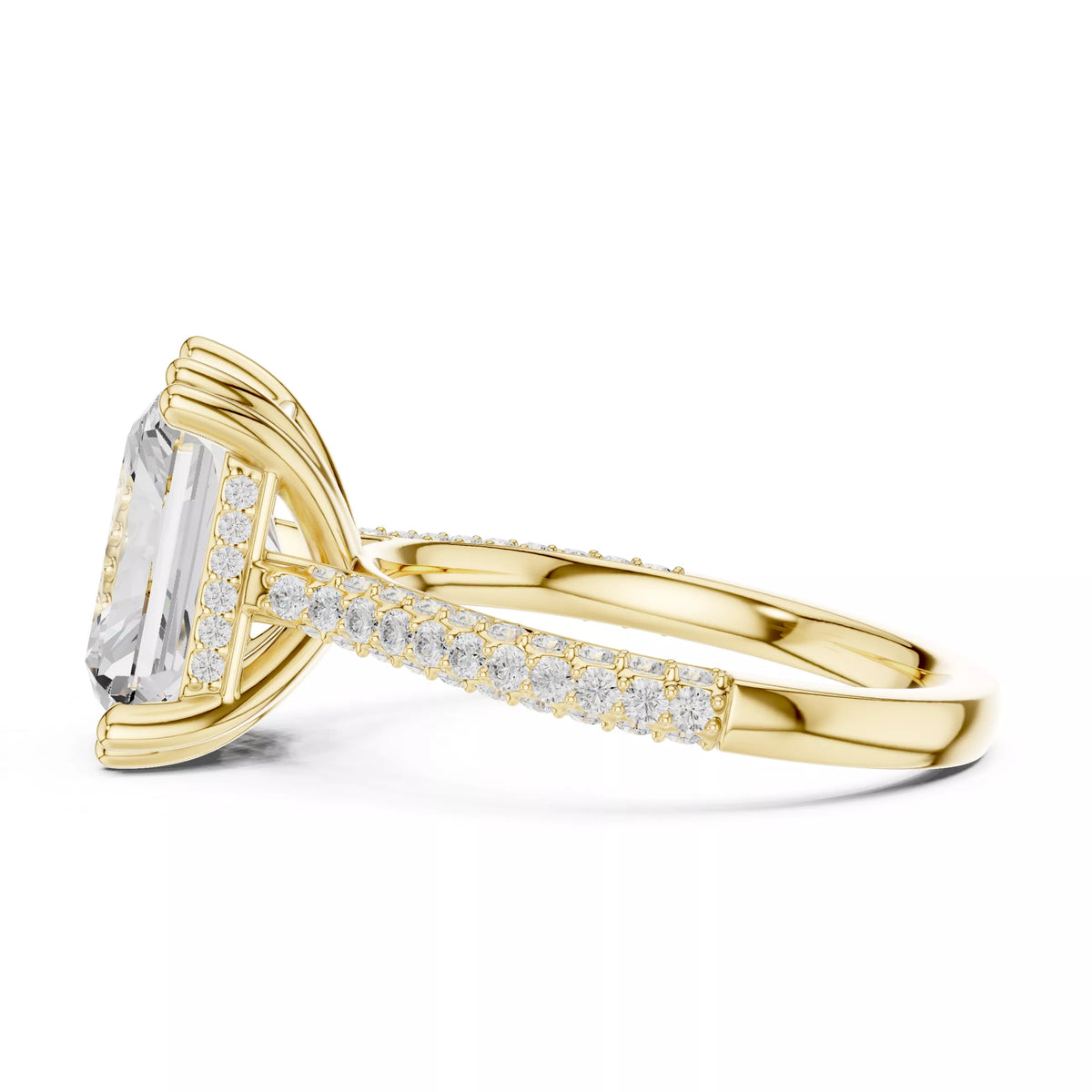3 carat radiant cut hidden halo engagement ring in yellow gold, side view
